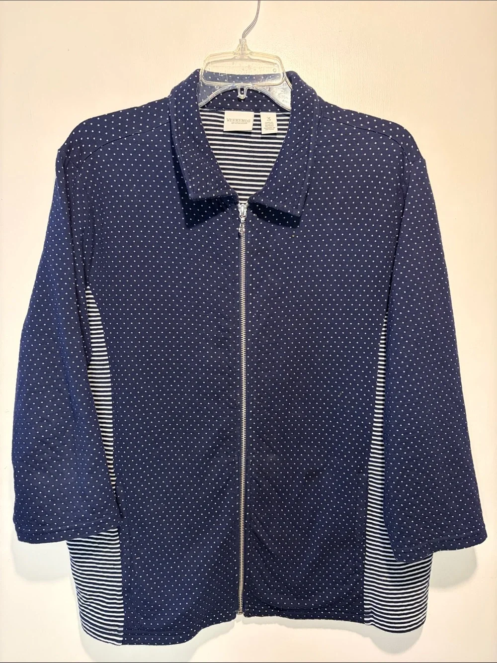 Weekends by Chico’s Full Zip Blue Stripe Polka Dot Collar Pockets Jacket Size XL